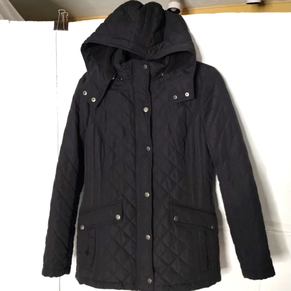 GH Bass Quilted Black Equestrian Barn Jacket Hoodie Removable SZ Medium Thick